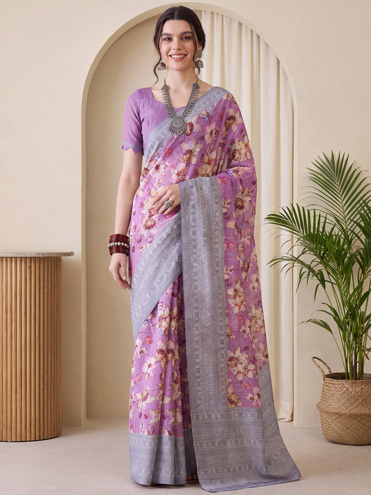 Woman wearing lavender silk blend saree with botanical floral and leaf design and lavender blouse
