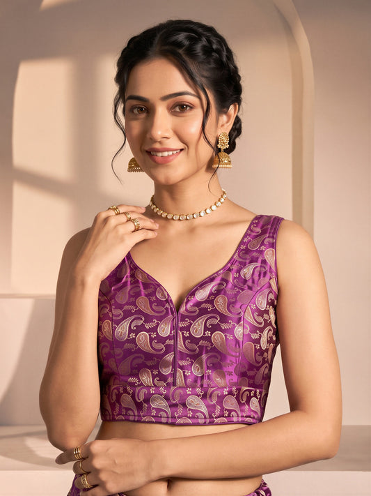Purple woven brocade silk blend sleeveless readymade saree blouse with v neck