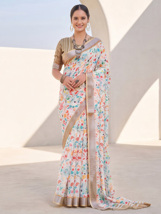 Woman wearing white cotton linen saree with abstract contemporary design and beige blouse