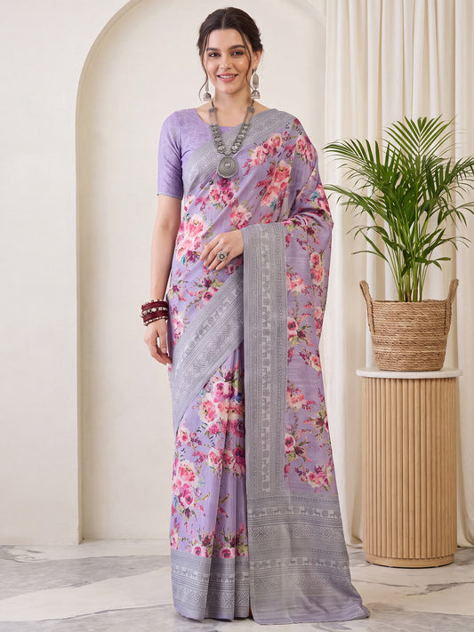 Woman wearing lavender silk blend saree with botanical floral and leaf design and lavender blouse