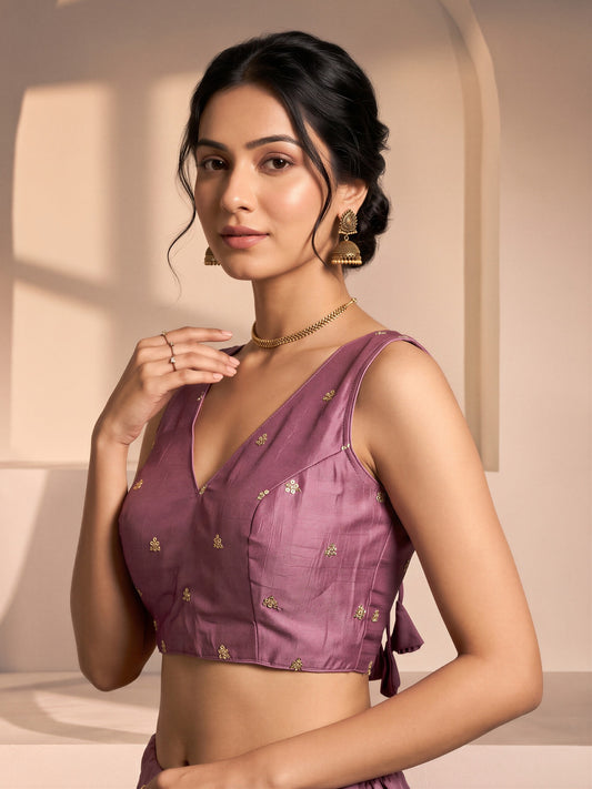 Lavender sequin embellished vichitra silk sleeveless readymade saree blouse with v neck