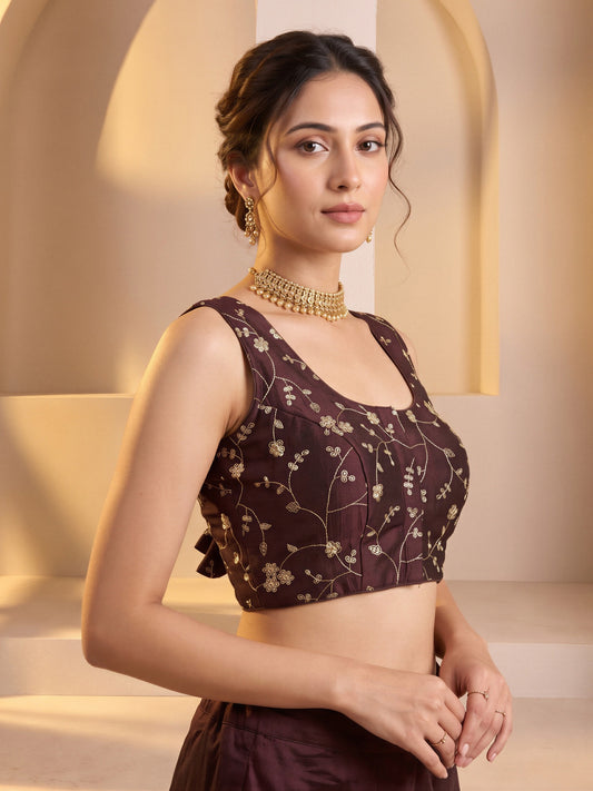 Dark Brown sequin embroidered vichitra silk sleeveless readymade saree blouse with round neck