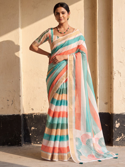Woman wearing multicolored linen saree with striped pattern design and multicolored blouse