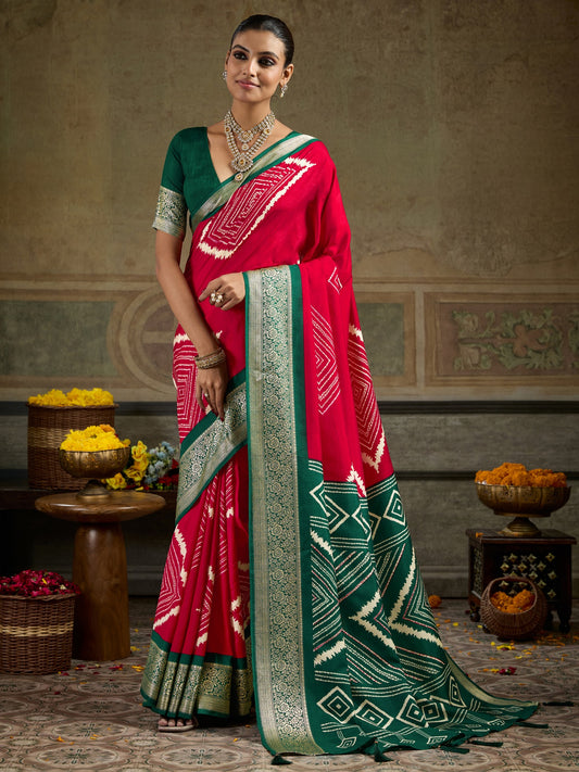 Red geometric tussar silk saree with light green blouse piece