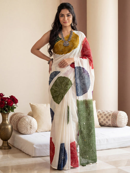 Woman wearing off white linen saree with bandhani tie-dye dot work and green blouse