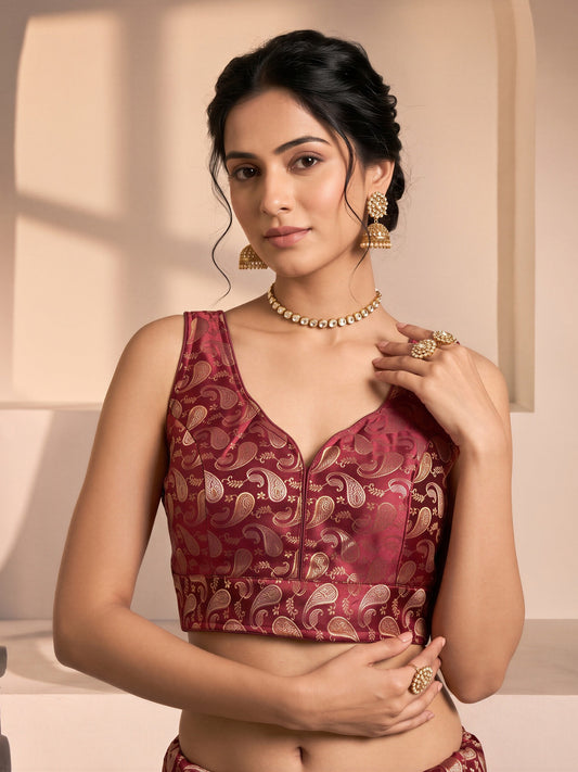 Maroon woven brocade silk blend sleeveless readymade saree blouse with v neck