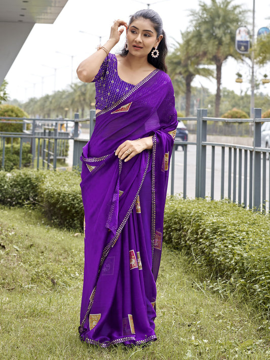 Violet foil chiffon saree with violet blouse piece