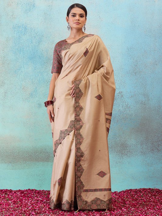 Light Brown applique silk blend saree with maroon blouse piece