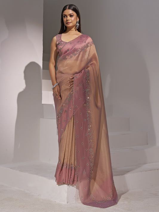 Peach applique organza saree with pink blouse piece