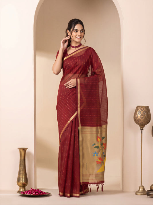 Maroon striped silk blend saree with maroon blouse piece