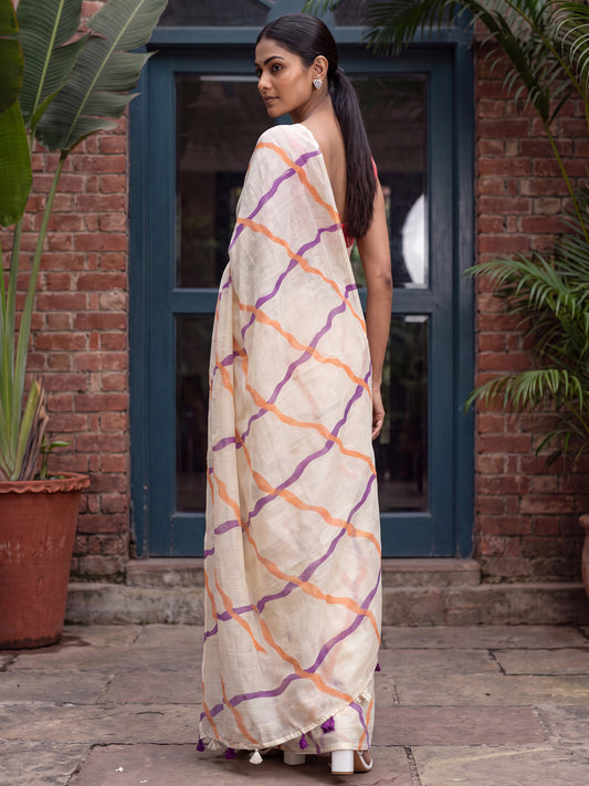 Cream Cotton Linen saree – detail view 1