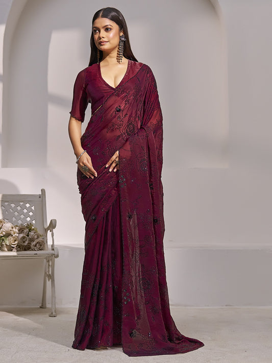 Maroon embellished satin silk saree with maroon blouse piece