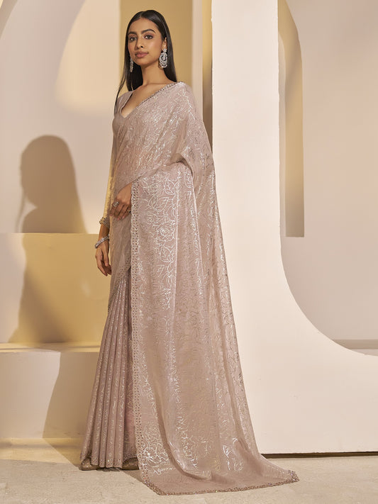 Champagne foil satin silk saree with champagne blouse piece