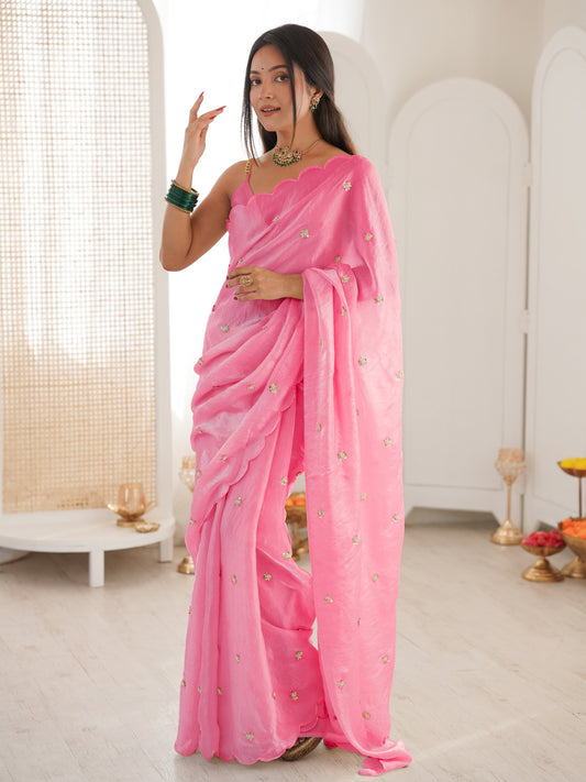 Pink embellished satin saree with pink blouse piece