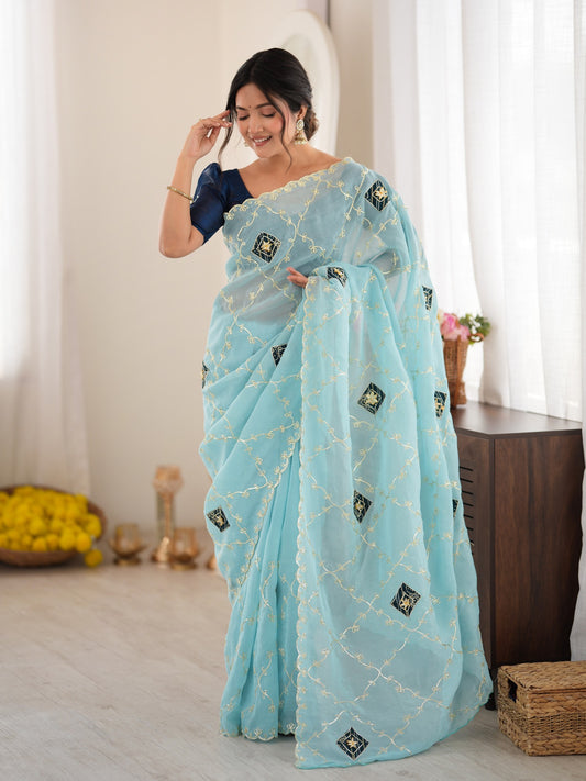 Woman wearing light blue paper silk saree with ornamented surface design and teal blue blouse