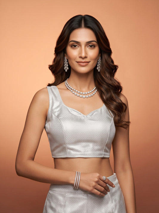 White woven brocade silk blend sleeveless readymade saree blouse with sweetheart neck