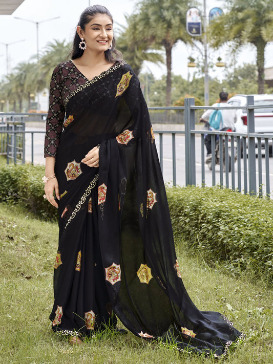 Black foil chiffon saree with black blouse piece