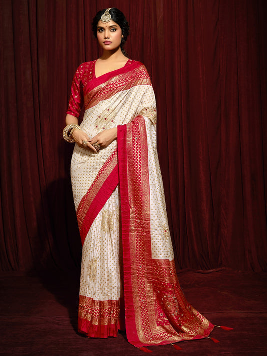 Cream foil tussar silk saree with red blouse piece