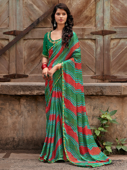 Teal Green leheriya georgette saree with teal green blouse piece