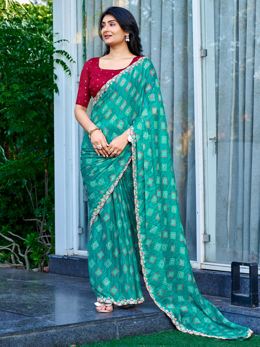 Woman wearing teal blue georgette saree with geometric pattern design and maroon blouse
