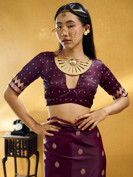 Unstitched wine satin silk blouse piece with zari butta design