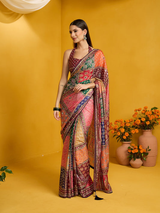 Woman wearing multicolored silk blend saree with ornamented surface design and brown blouse