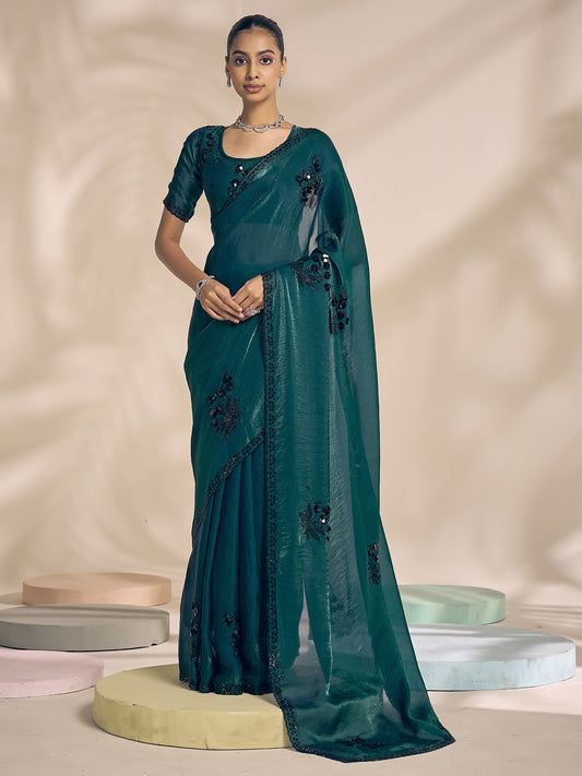 Teal embellished satin silk saree with teal blouse piece