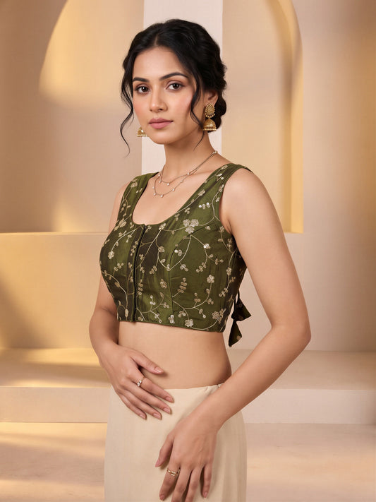 Olive sequin embroidered vichitra silk sleeveless readymade saree blouse with round neck