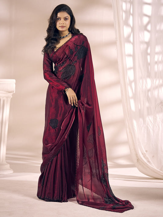 Wine embellished satin silk saree with wine blouse piece