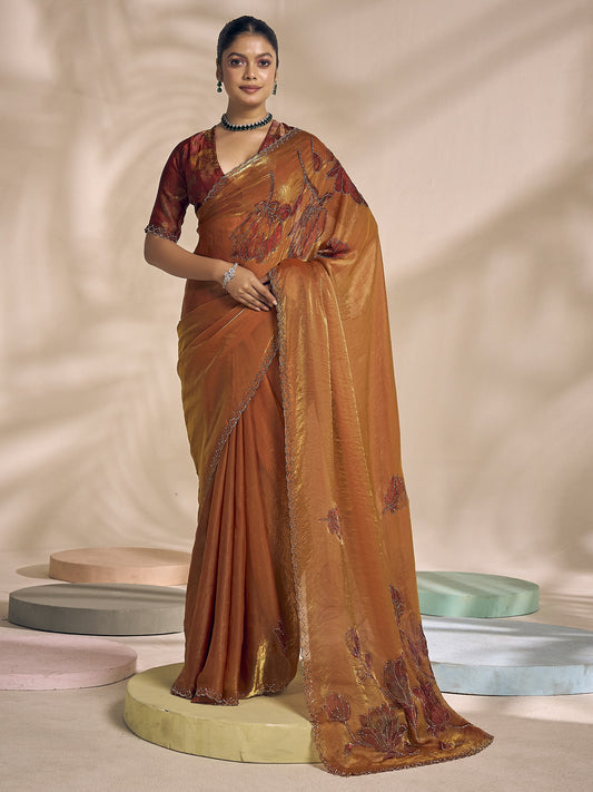 Bronze embellished satin silk saree with brown blouse piece