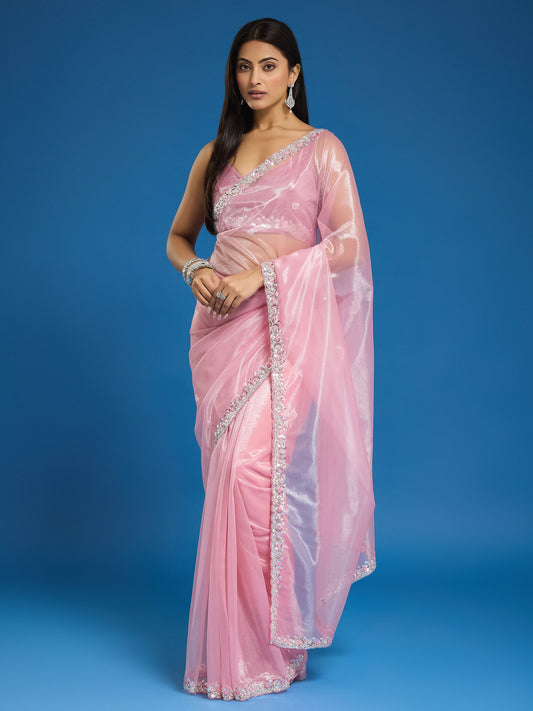Pink solid net saree with pink blouse piece