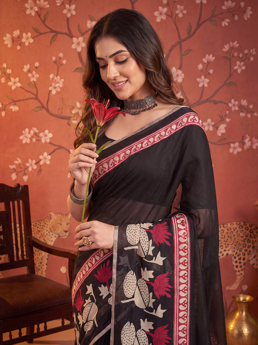 Black Cotton Linen saree – detail view 4