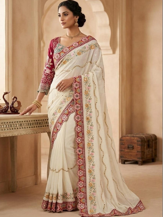 Woman wearing cream pure georgette saree with all-over floral design and pink blouse