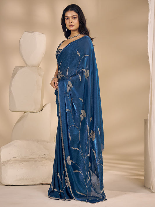 Teal Blue satin silk saree view 1