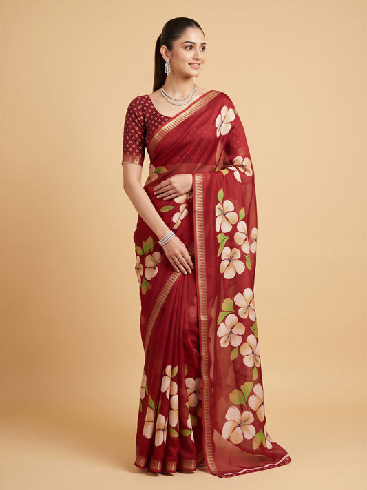 Woman wearing maroon georgette saree with all-over floral design and maroon blouse