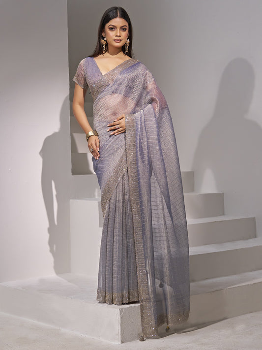 Light Blue striped organza saree with light blue blouse piece