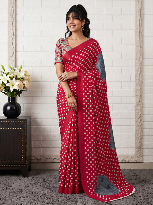 Woman wearing maroon satin saree with polka dot pattern and maroon blouse