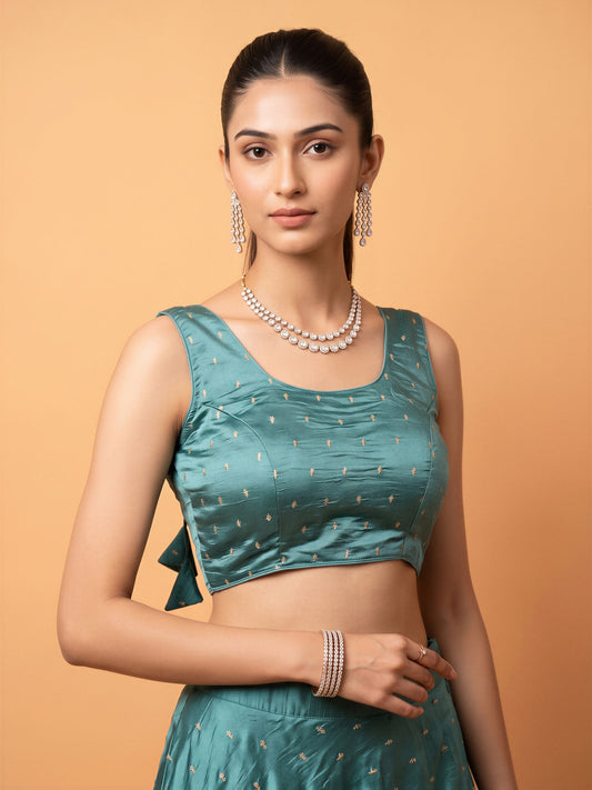 Light Blue sequin embellished silk blend sleeveless readymade saree blouse with round neck