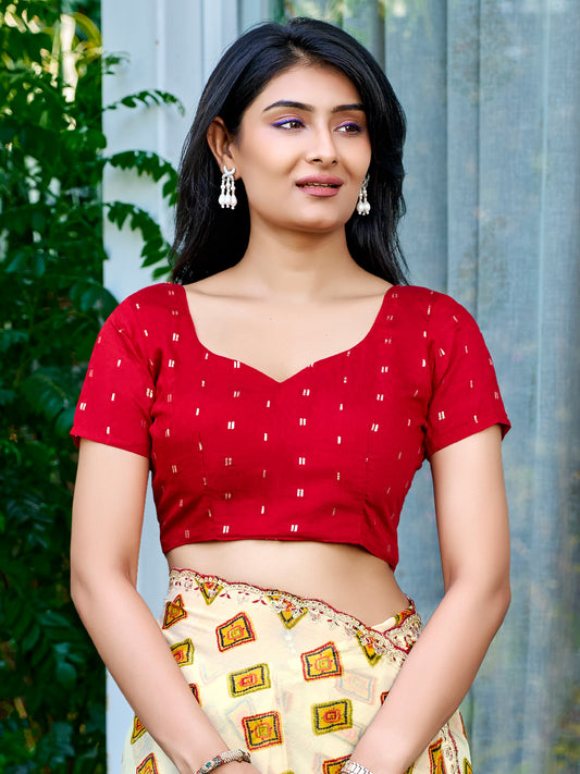 Unstitched red georgette blouse piece with zari butta design