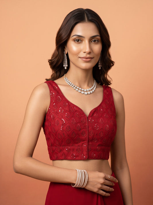 Maroon sequin embroidered georgette sleeveless readymade saree blouse with sweetheart neck