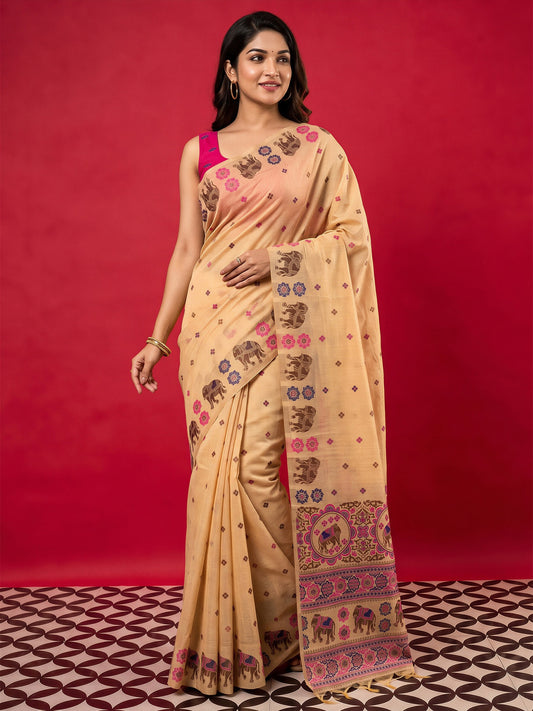 Peach woven design silk blend saree with pink blouse piece