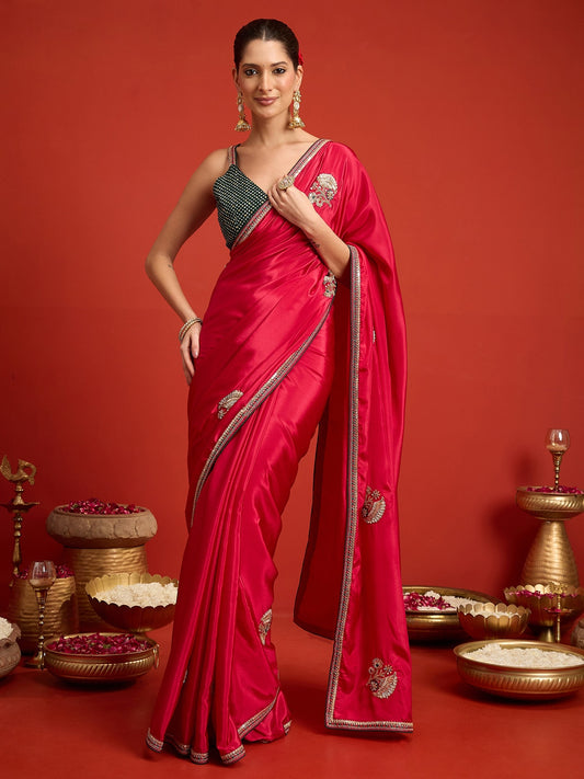 Pink embroidered satin silk saree with green blouse piece
