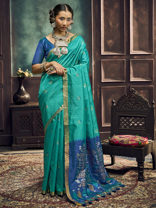 Teal Blue zari butta silk blend saree with blue blouse piece