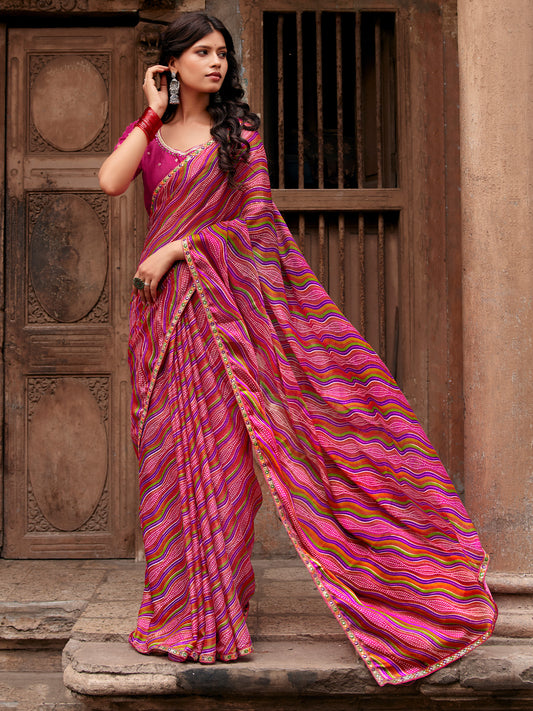 Pink leheriya georgette saree with pink blouse piece