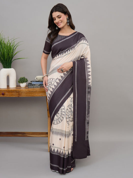 Off White tribal soft silk saree with black blouse piece