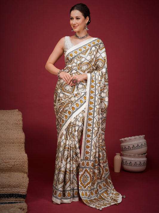 Woman wearing off white satin saree with ajrak block-print motif work and off white blouse