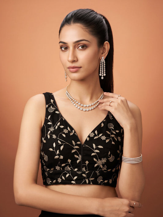 Black sequin embellished silk blend sleeveless readymade saree blouse with v neck