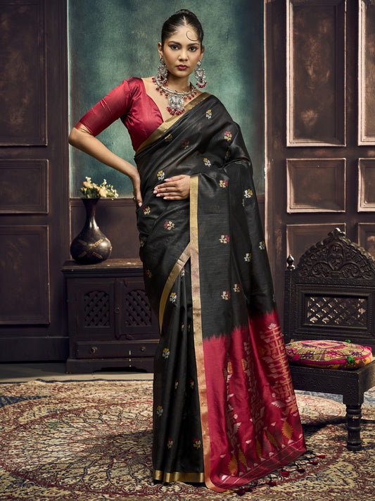 Black zari butta silk blend saree with maroon blouse piece