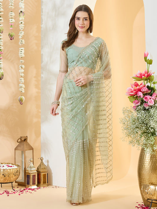 Woman wearing light green net saree with ornamented surface design and light green blouse