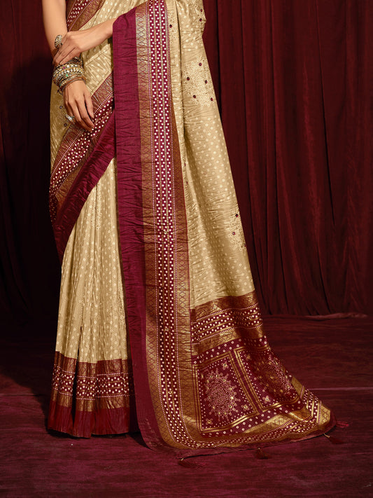 Cream tussar silk saree view 1